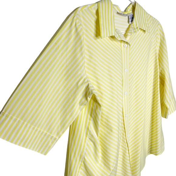 BLAIR Vintage Striped Poplin Button-Up Shirt Relaxed Fit Yellow White Size Large - Picture 2 of 6